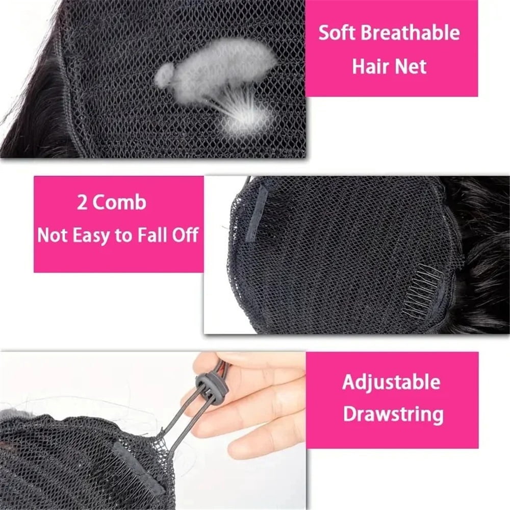 Drawstring Ponytail 10-26 Inch Long Body Wavy Human Hair Ponytail Hairpiece Clip in Remy Hair Extension for Daily Use