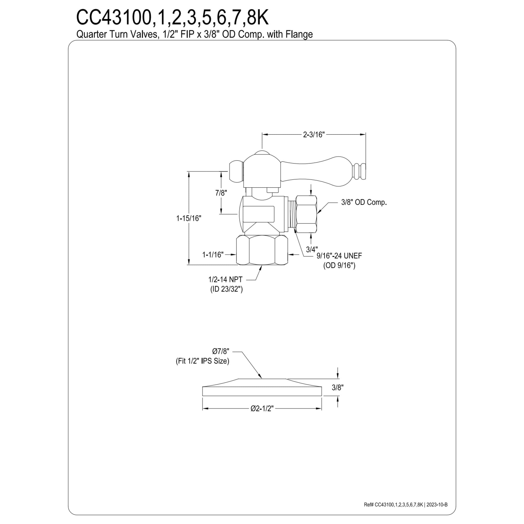 Kingston Brass CC43103K 1/2" FIP x 3/8" O.D. Comp Quarter-Turn Angle Shut-Off Valve with Flange, Antique Brass