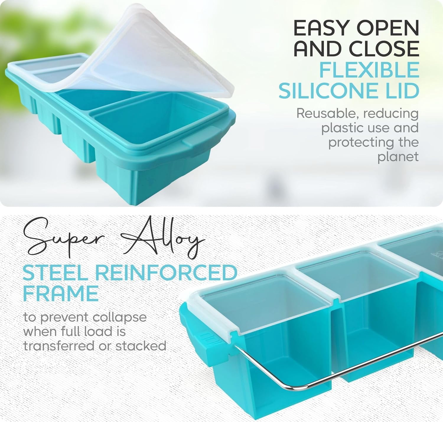 Silicone Freezer Tray With Lid - Soup Container Molds Large Ice Cube Tray- Makes 8 1 Cup Portions Cubes  1-pack Storage Food Soups & Meal Prep Oven Dishwasher -safe
