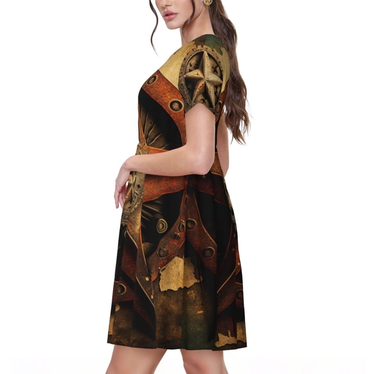 Short Sleeve A Line Dresses Casual Crew Neck Dress Short Sleeve Sundress, Western Texas Star Rustic Vintage