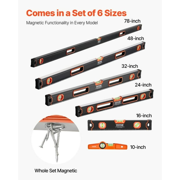 Professional Aluminum Alloy Torpedo Level Set (6-Pack) - Magnetic, 3-Way Bubble Vials, 45/90/180 Degree, SAE/Metric Dual Scale, Shock-Resistant