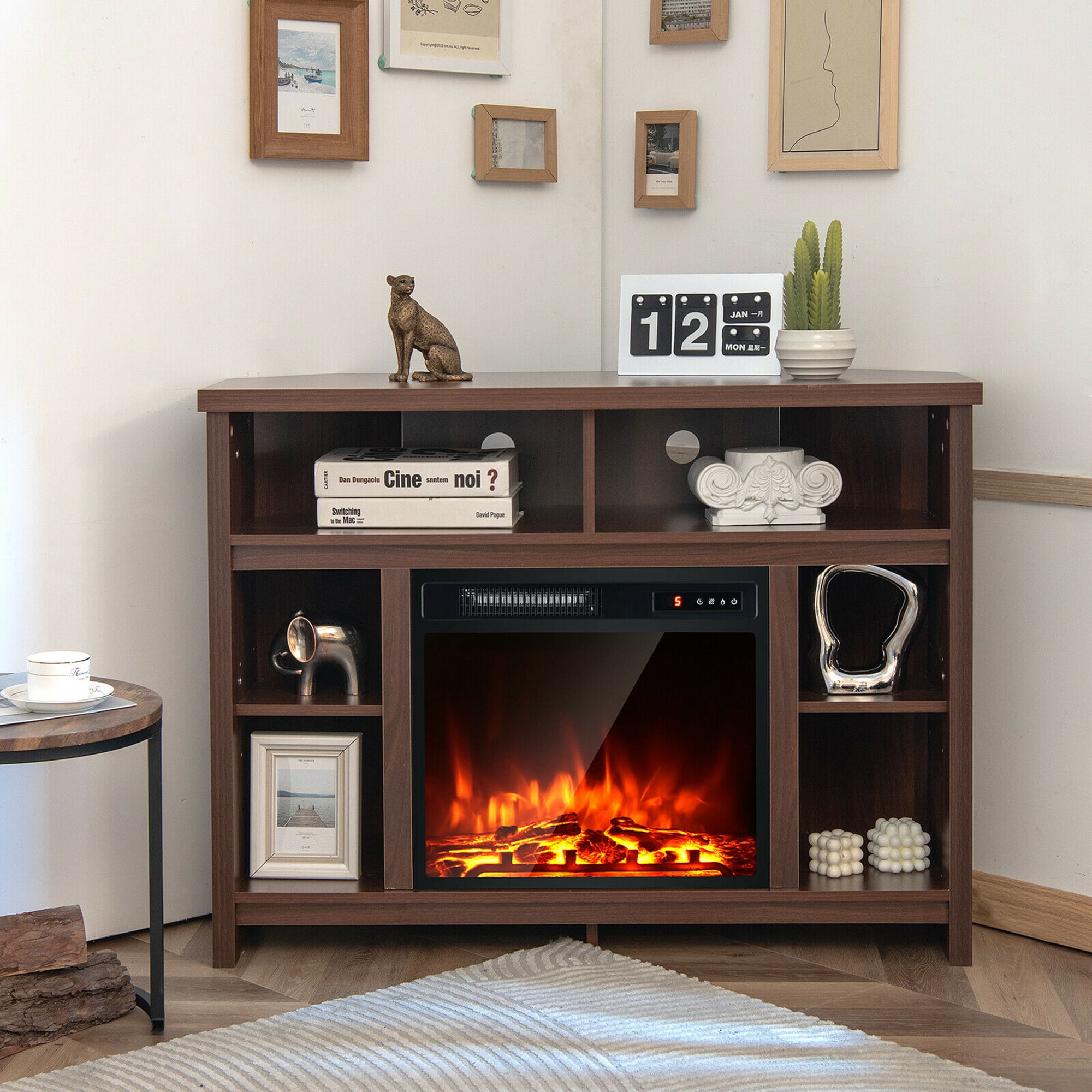 Gymax 41.5'' Corner Fireplace TV Stand Storage Cabinet Electric Space Heater  Coffee - Walmart.com