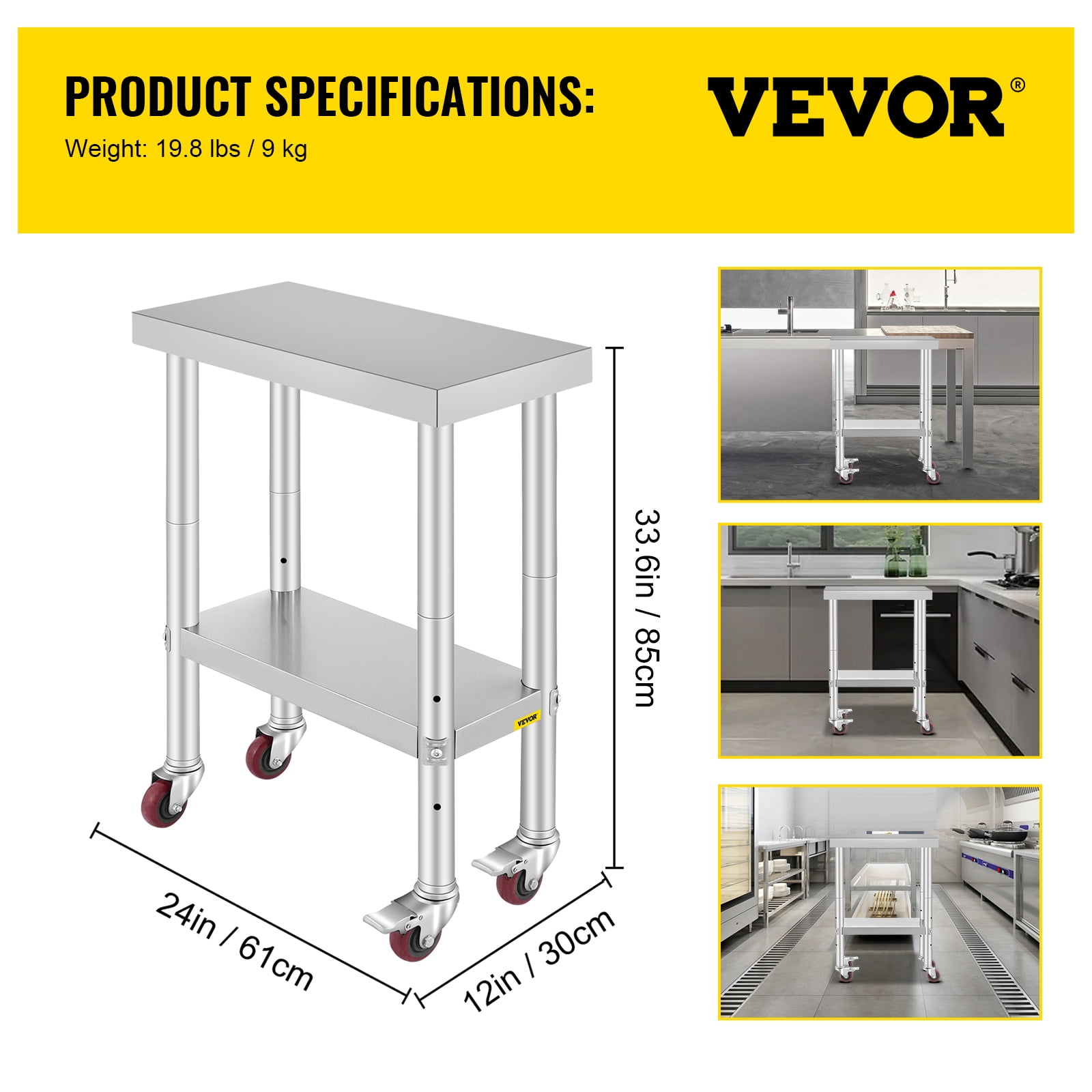 VEVORbrand 24 x 12 x 32 Inches Stainless-Steel Work Table 3-Stage Adjustable Shelf with 4 Wheels Heavy Duty Commercial Food Prep Work Table with Brake for Kitchen