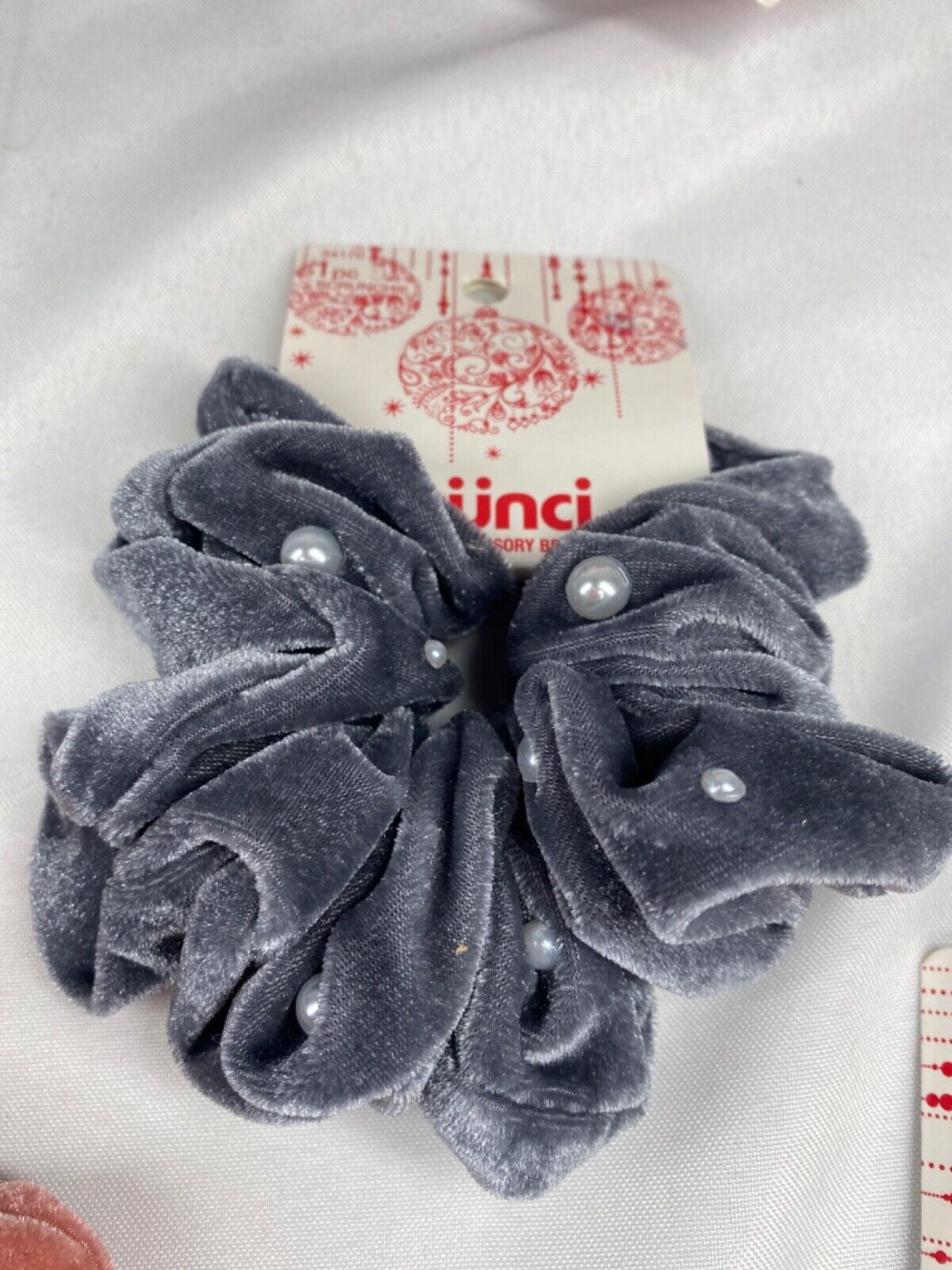 Scunci Gray Velvet & Pearl Scrunchie