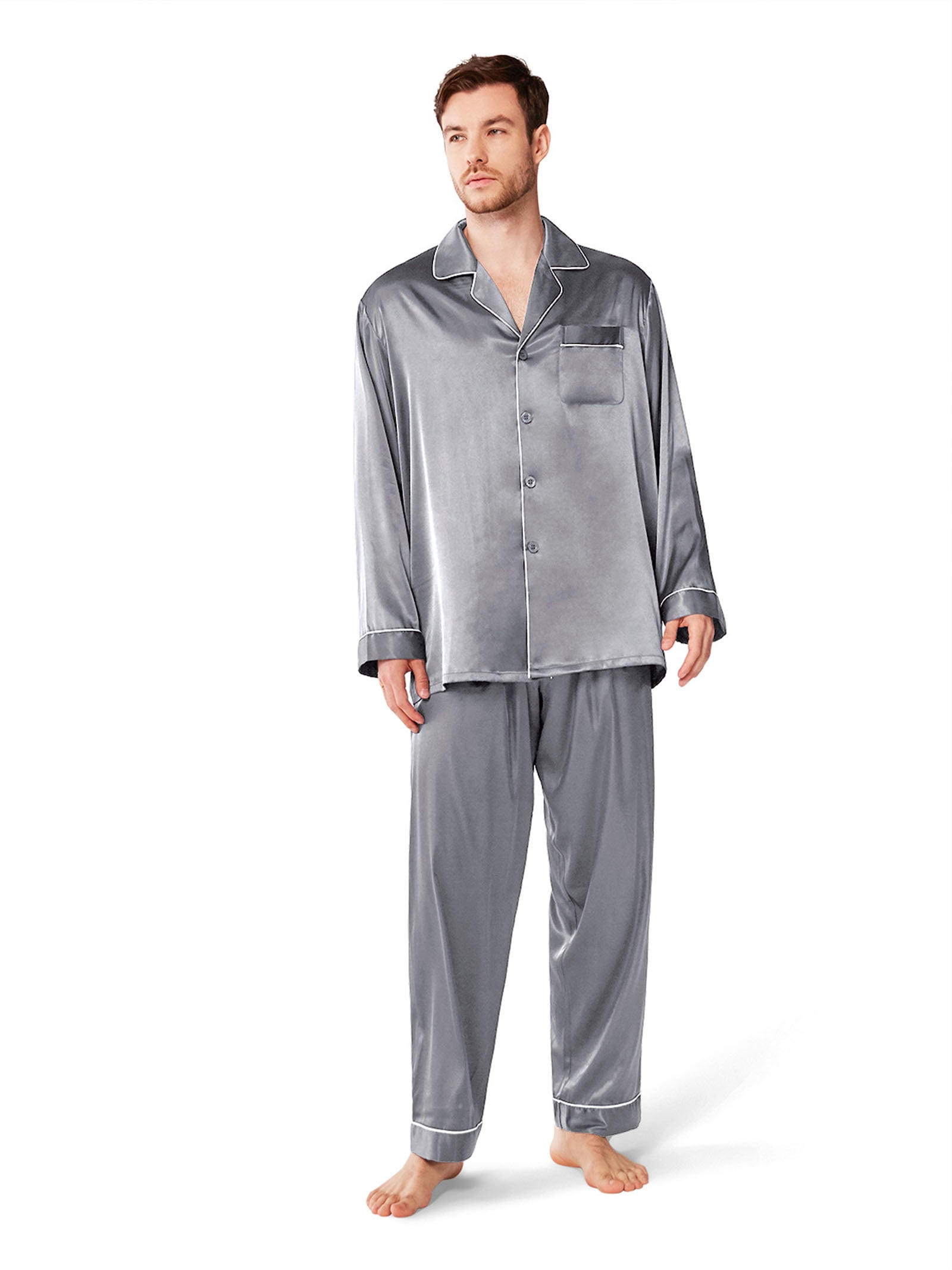 Mens Silk Satin Pajamas Sleepwear Set For Men Long Sleeve Nightwear Loungewear 