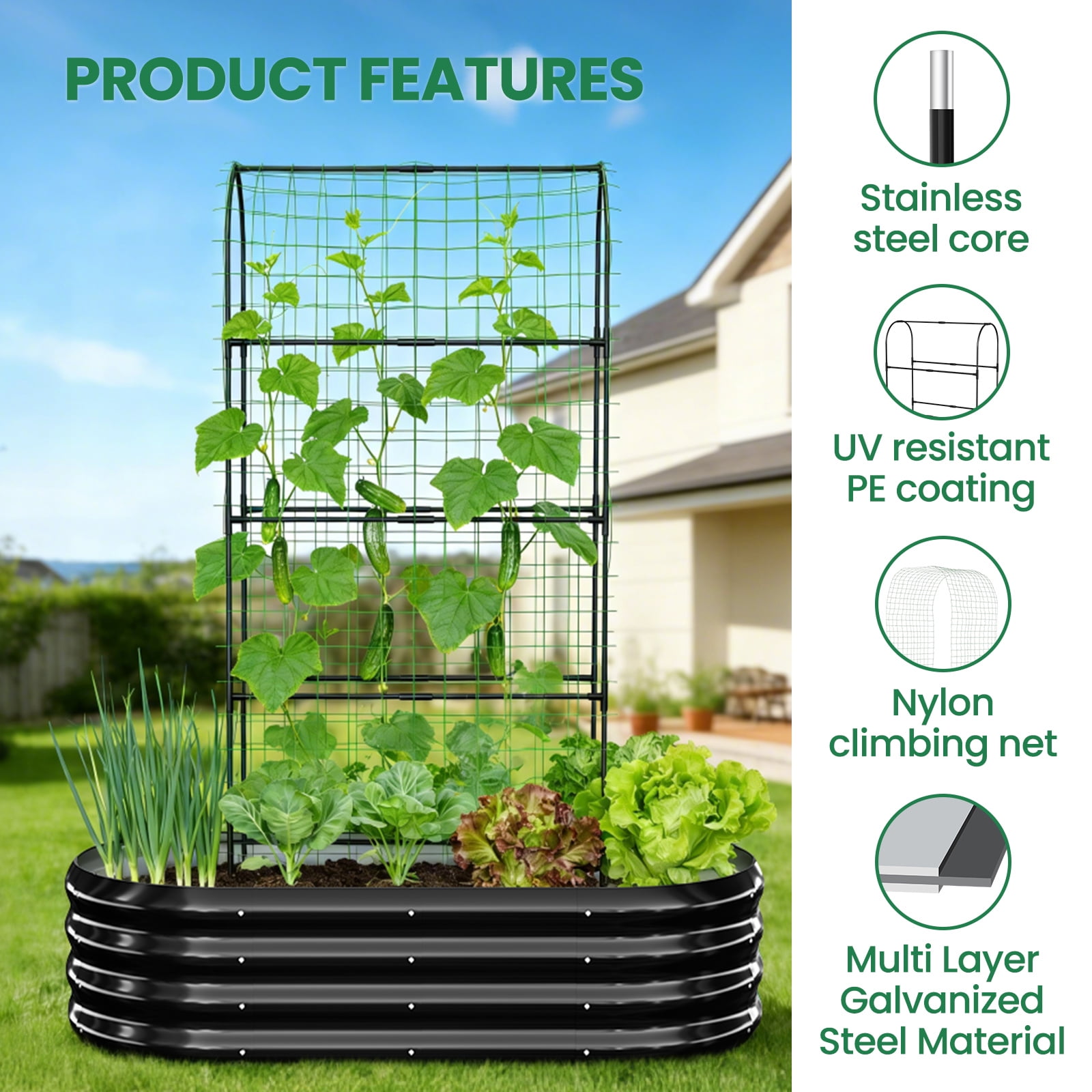 MOPHOTO 71inch Raised Garden Bed Arched Trellis Galvanized Planter Backyard Box Outdoor for Gardening,Climbing Vegetables,Plants,Flowers(Black)