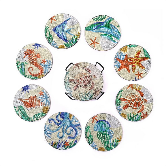 8pcs 5D Diamond Painting Coaster Kit DIY Diamond Art Coaster with Bracket Anti slip Coaster Most Suitable for Beginners, Children, and Adults Handmade Art Home Decoration(Marine life)