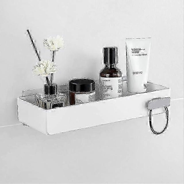 White Self-Stick Shower Shelf - No-Drill Floating Tile Organizer for Bathroom, Strong Adhesive Plastic Storage Solution