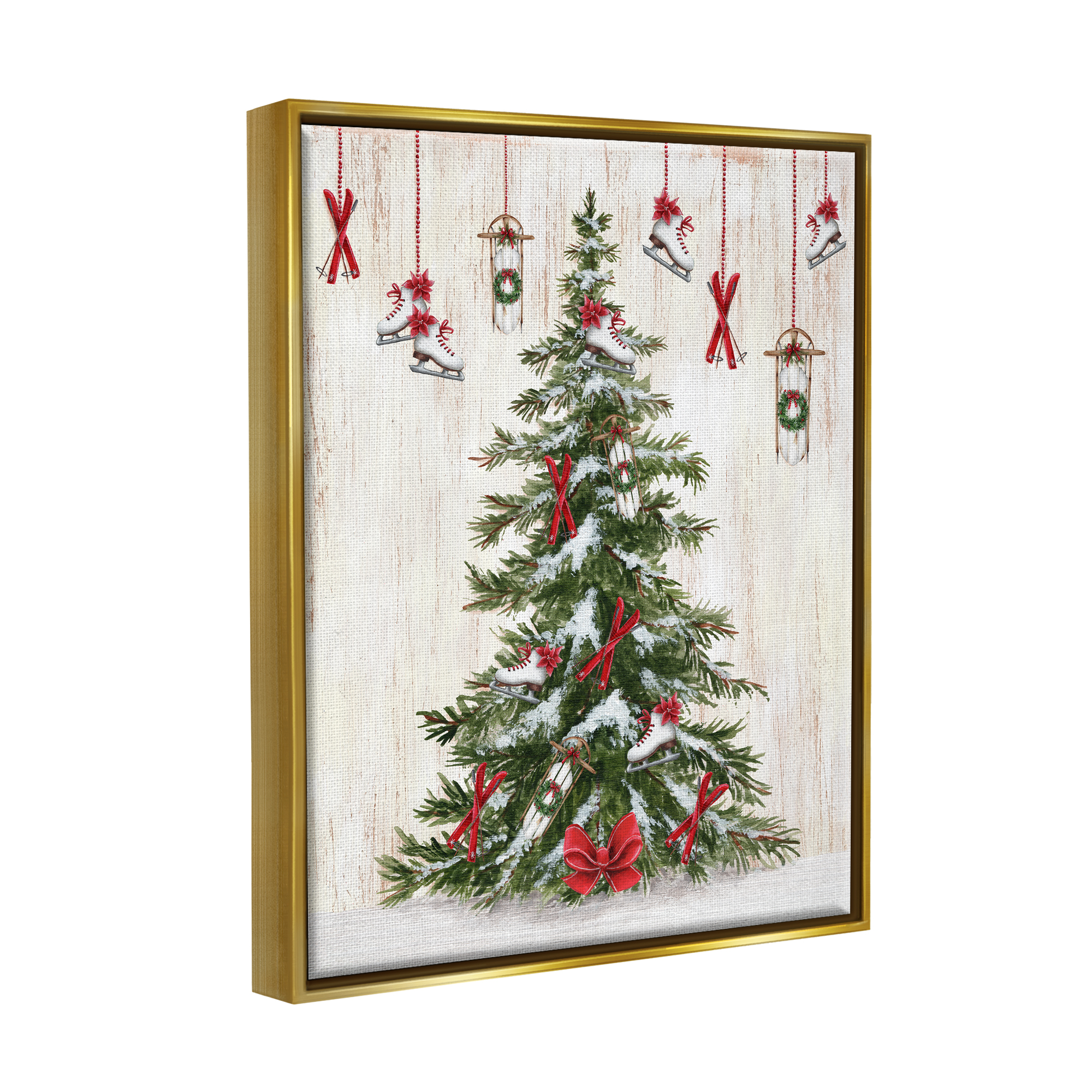 Stupell Industries Ice Skates & Sleds on Tree Holiday Painting Gold Floater Framed Canvas Art Print Wall Art, 25 x 31