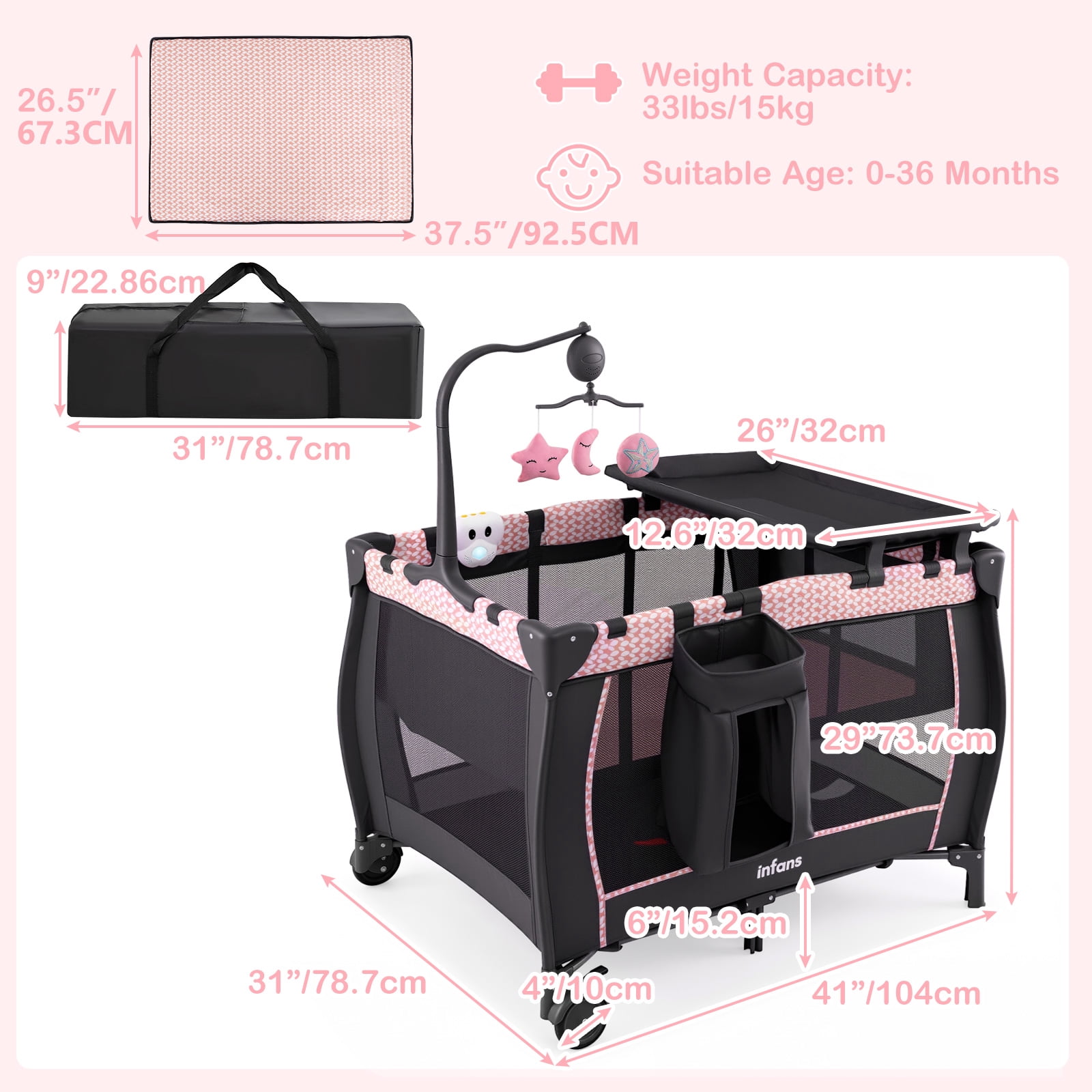 INFANS 3 in 1 Pack and Play, Portable Travel Baby Crib Bassinet with Detachable Mattress, Newborn Changing Table, Foldable Playpen with Carry Bag and 2 Wheels