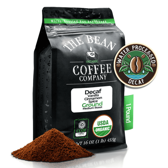 The Bean Organic Coffee Company Water Processed DECAF Vanilla Cinnamon Spice, Medium Roast, Ground Coffee, 16-Ounce Bag