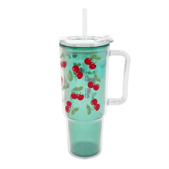 Gobelet isotherme portable à paille Mainstays 38,7 fl oz à motif cerise aquarelle, en plastique à double paroi, pour adultes