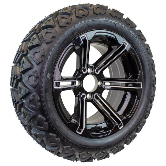 23X10.00-14 Golf Cart ATV Offroad Tire On 14X7 Gloss Black Rim B6 All Terrain Mud Turf Knobby