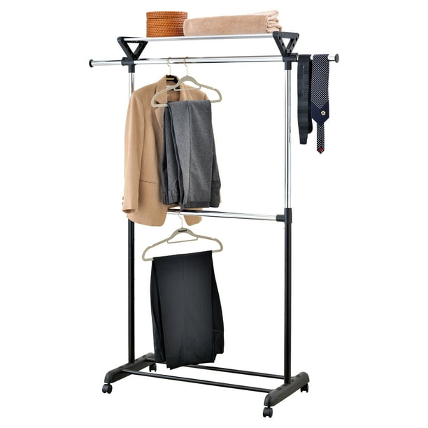 Adjustable Double Hanger Bar Rolling Garment Rack with Top Shelf