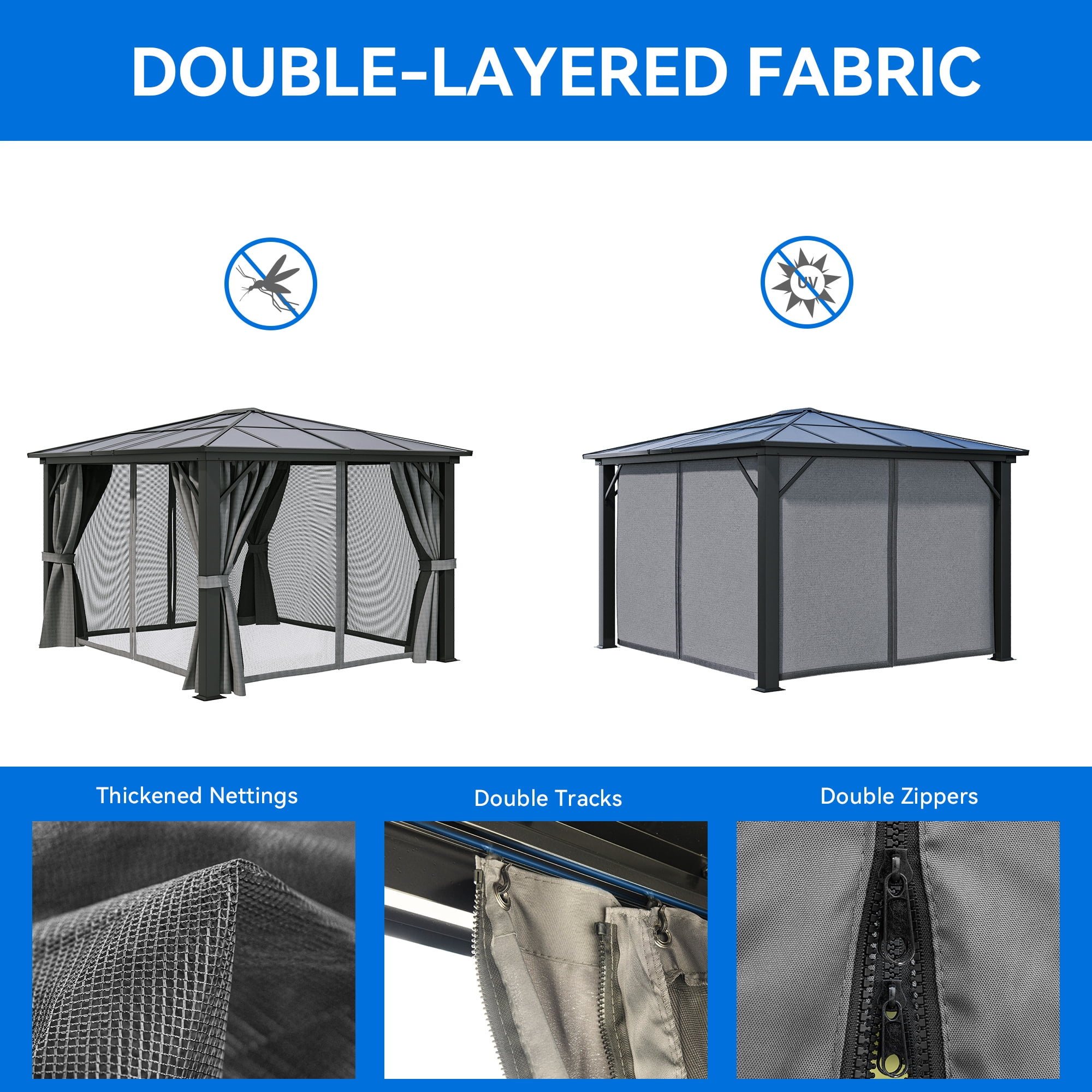 Dextrus 10x12FT Outdoor Single Roof Gazebo Hardtop with Netting&Shaded Curtains,Sturdy Aluminum Frame Garden Tent,Ideal for Patio, Backyard,Deck and Lawns,Grey Curtain