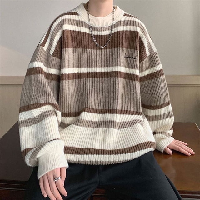 Suéter de rayas de otoño e invierno, ropa exterior para hombre que combina con todo, suéter de cuello redondo para hombre, suéter de primavera y otoño de talla grande
