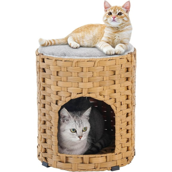 Cat House for Indoor Cat, Small Cat Houses Handwoven PE Rattan Kitten Cave, Pet Kitten Bed Covered, One Bed Pad, 13 x 13 x 13.7 Inches, Foldable Hideaway in Living Room Natural