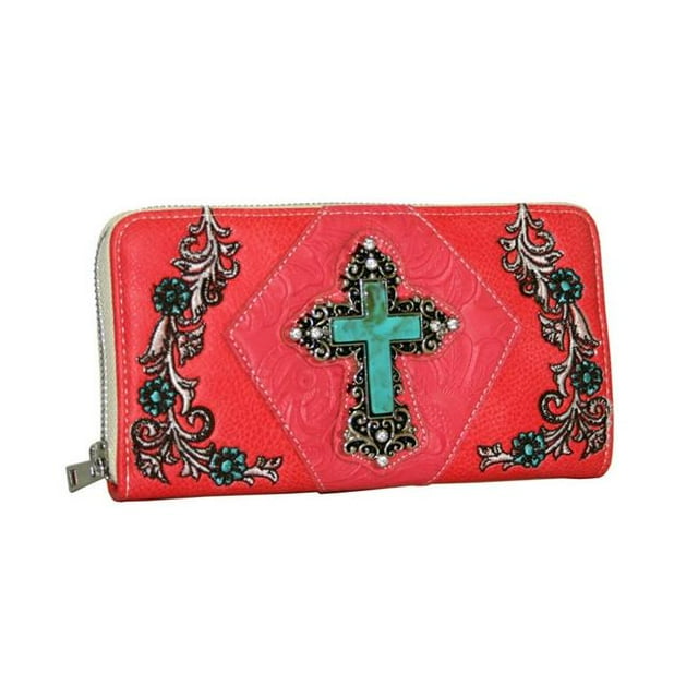 Portefeuille Western Brodé à Fermeture Éclair, Corail