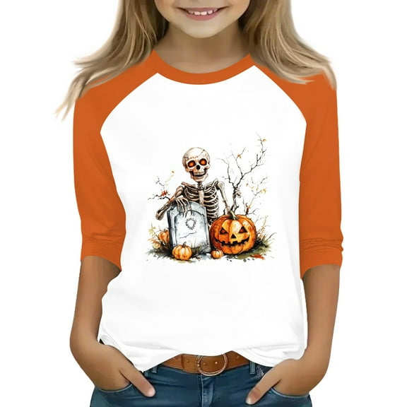 Abcomgle Girls Halloween Shirts Size 6 Spooky Spooky Skeleton Graphic Tshirts for Kids Crewneck 3/4 Raglan Sleeve T-Shirts for Kid Girls Fall Funny Holiday Top for Girls,3-4 Years