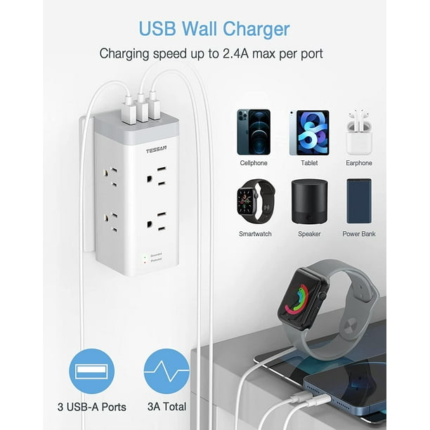 Prise Multiple USB, Multiprise Murale 3 Prises et 3 Ports USB 3A