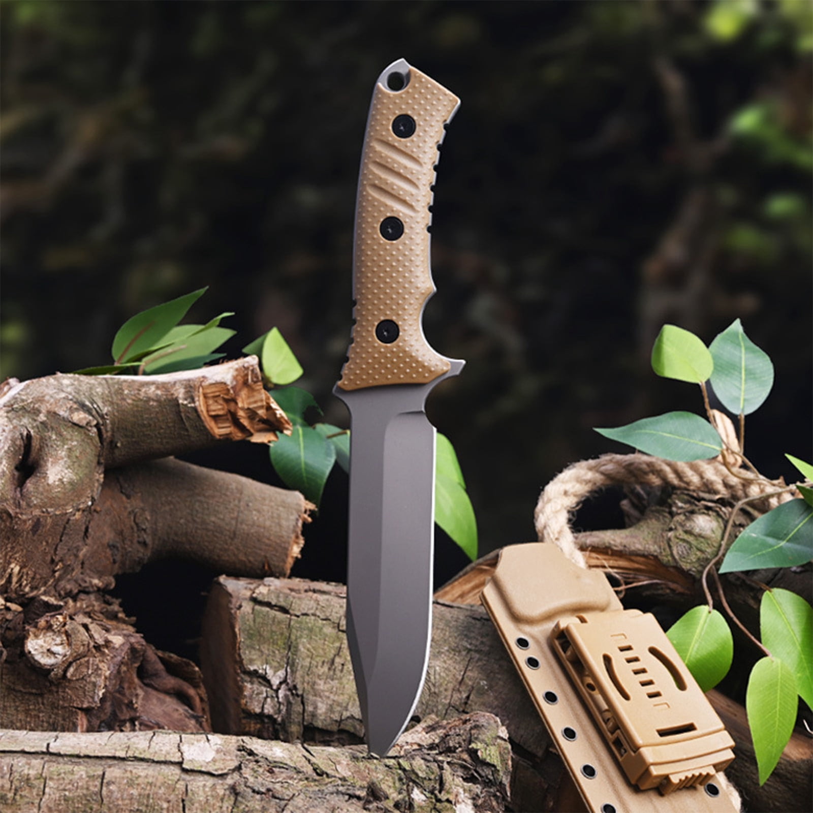 Fixed Blade AUS-10 Steel Knives with Sheath,Big Full Tang Bushcraft Knife with Sheath Hunting Knife with Handle for Camping, Survival, Fishing(Khaki)