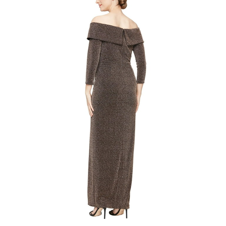 sachin and babi light blue dress Alex Evenings Long Metallic Knit Off-the-Shoulder Dress w/F Long Sleeves &  Leg Slit (Womens, Black/Copper, 14)