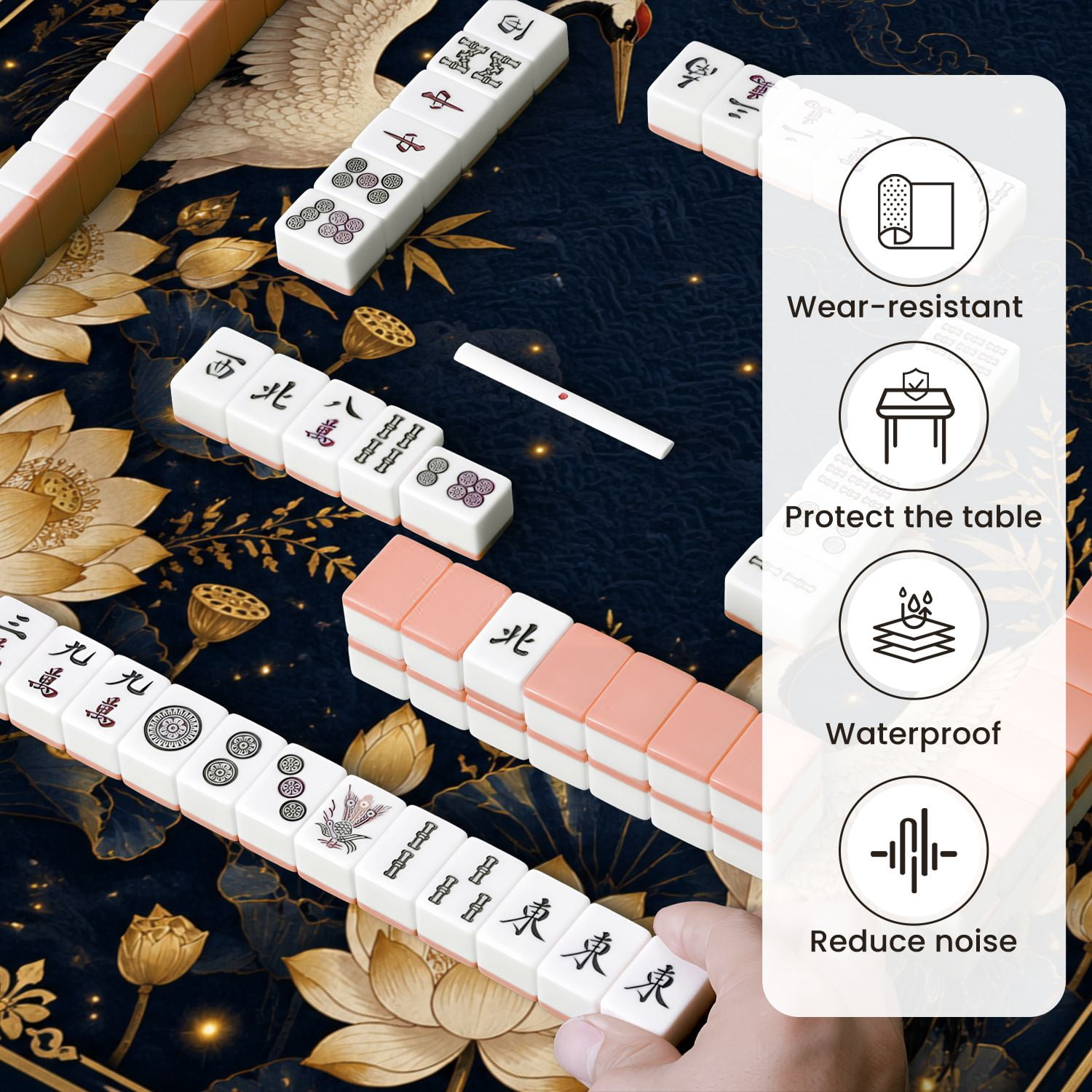 Mahjong Mat 31.5" x 31.5" Elegant White Cranes Golden Lotus Flowers Leaves Dark Blue Night Sky Non-Slip Noise Reduction Mahjong Tiles Table Cover for Dominoes Poker Card Board and Tile Games