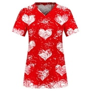 Uheoun Women's Working Uniform with Two Pocket V Neck Scrub Top Love Heart Print Short Sleeve Shirt for Valentine's Day