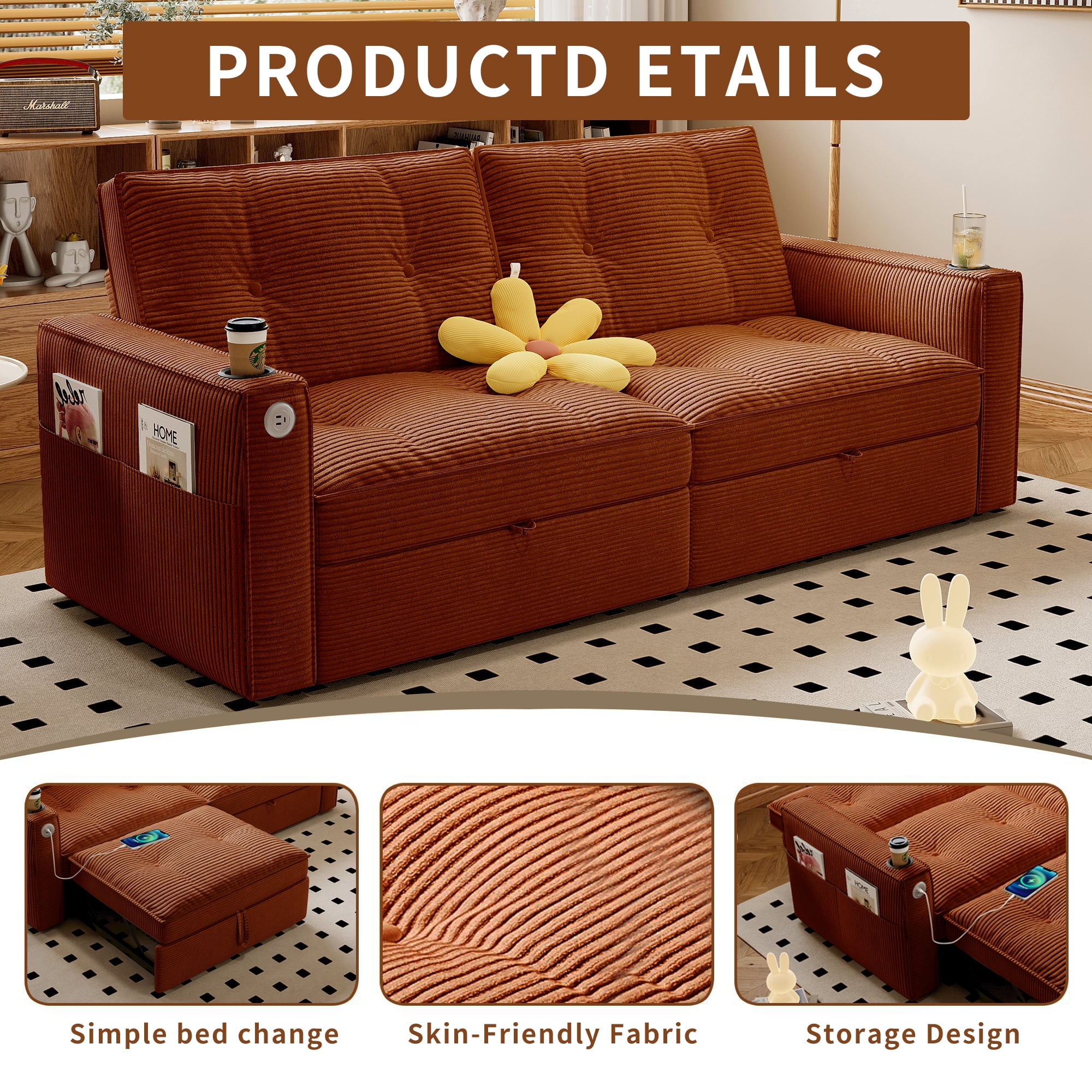 LLappuil 73" Pull Out Sofa Bed Queen Size, Loveseat Sofa Convertible Sleeper Sofa Bed, Corduroy Sofa Couch for Living Room Orange
