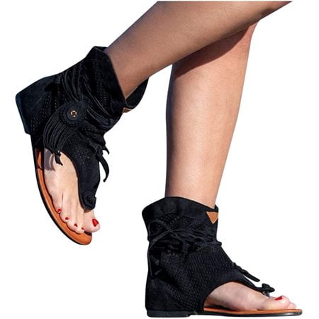 Gladiator Sandals for Women Womens Sandals Fringe Casual Sandals Flat Clip Toe Ankle Boots Beach Shoes 