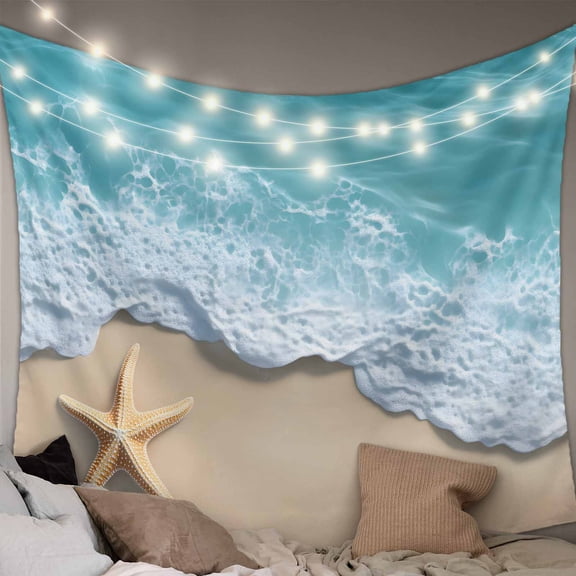 Teal Coastal Tapestry for Bedroom Wall Hanging Tapestry, Summer Beach Starfish Nautical Seaside Ceiling Backdrop Tapestries Poster Blanket Wall Decor for Teens Room Living Room Dorm 51" x 59"