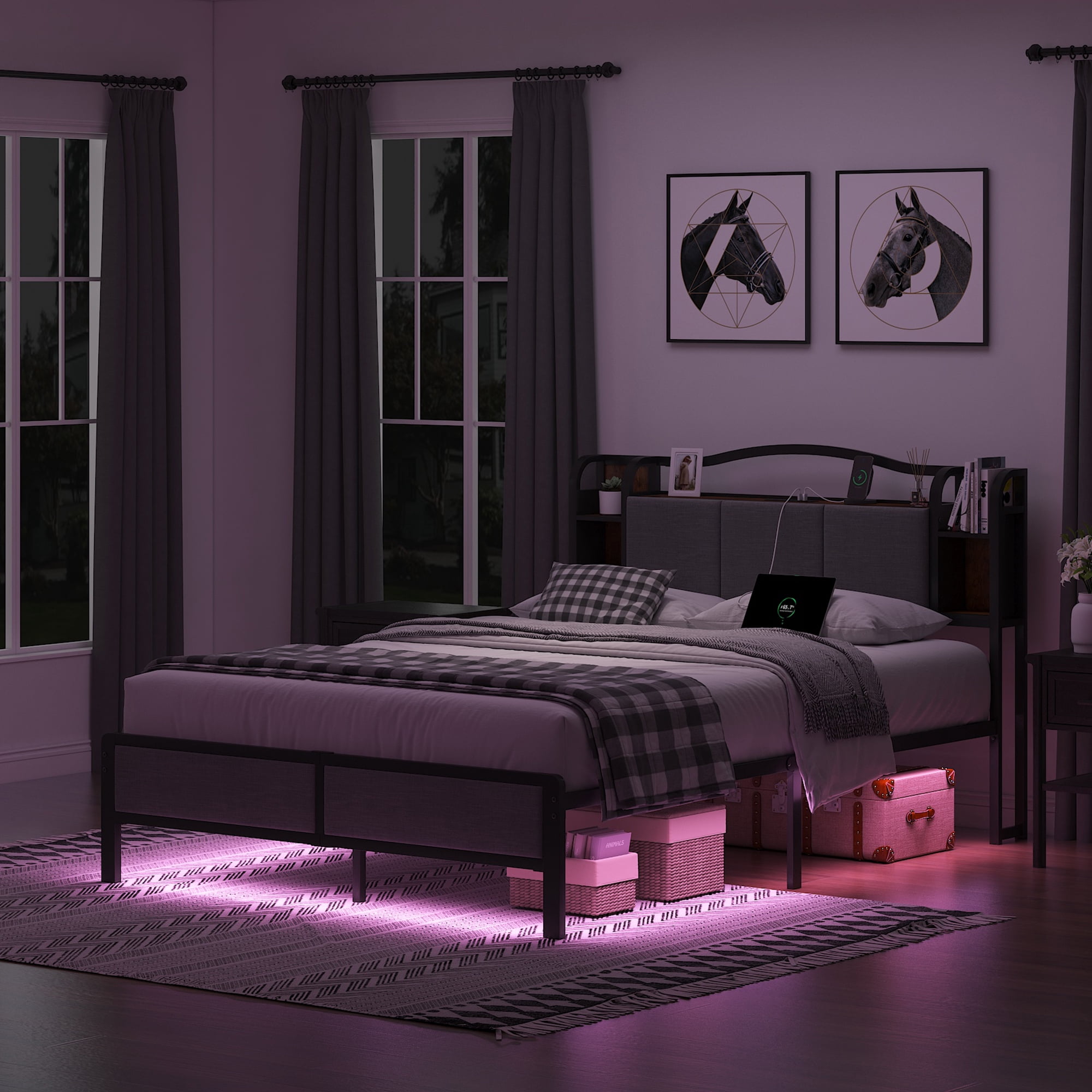 QUEEN 14In Bed Frame with RGB Lights Fabric Upholstered Headboard USB Socket