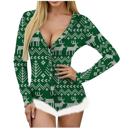 Levmjia Summer Pajamas For Women Plus Size Clearance Womens Christmas Not Positioned Print V-neck Backless Feather Detail Long Sleeve Sexy Bodysuit Sexy Lingerie Pajamas