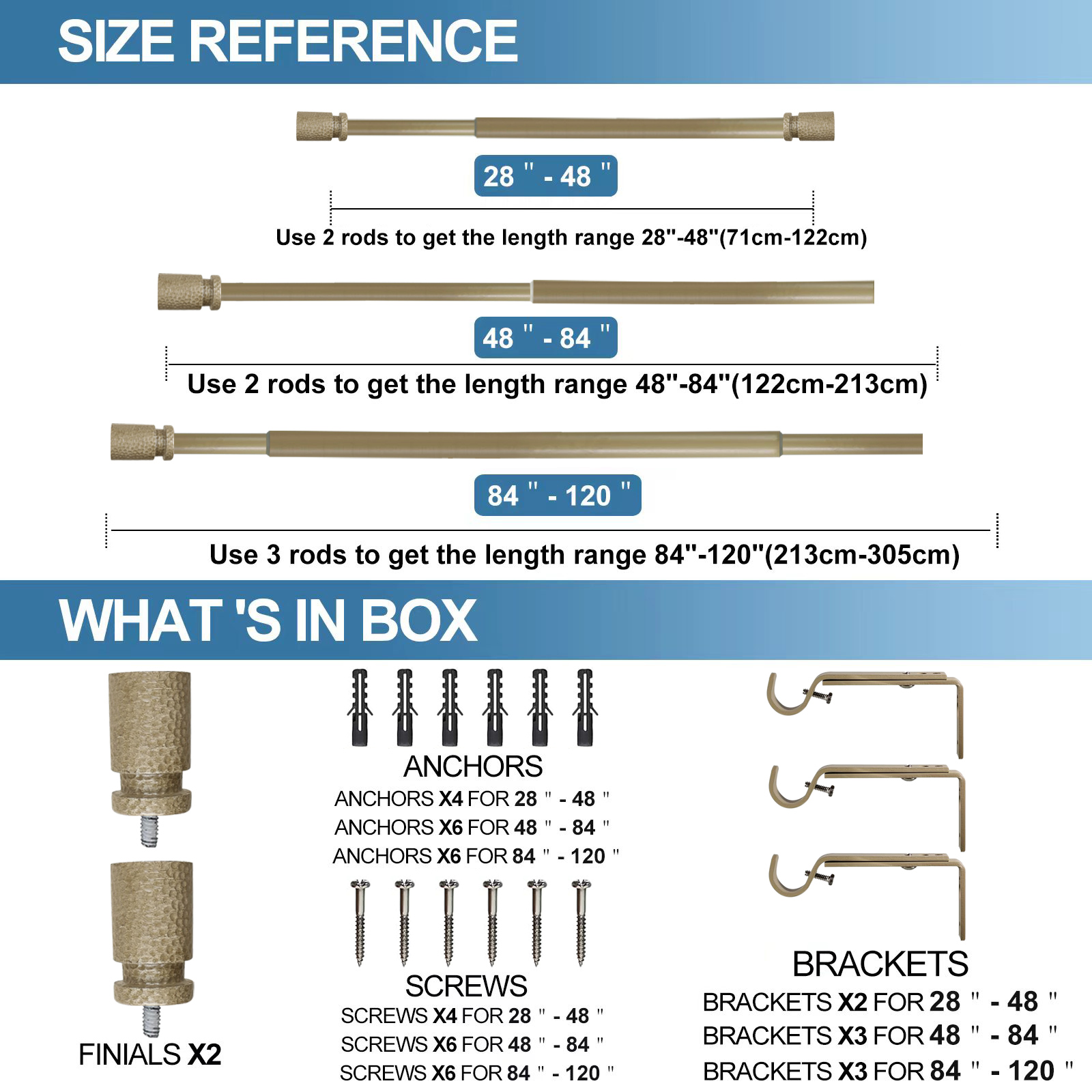 Urbanest 1" Hammered Adjustable Curtain Rod with Designer Finials — Heavy-Duty Metal Telescoping Rod, Easy Install, 28"–48″, Cottage Beige