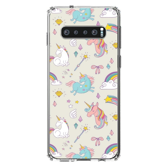 DistinctInk Clear Shockproof Hybrid Case for Samsung Galaxy S10 (6.1" Screen) - TPU Bumper, Acrylic Back, Tempered Glass Screen Protector - Unicorn Rainbow Wand Pattern - Beige