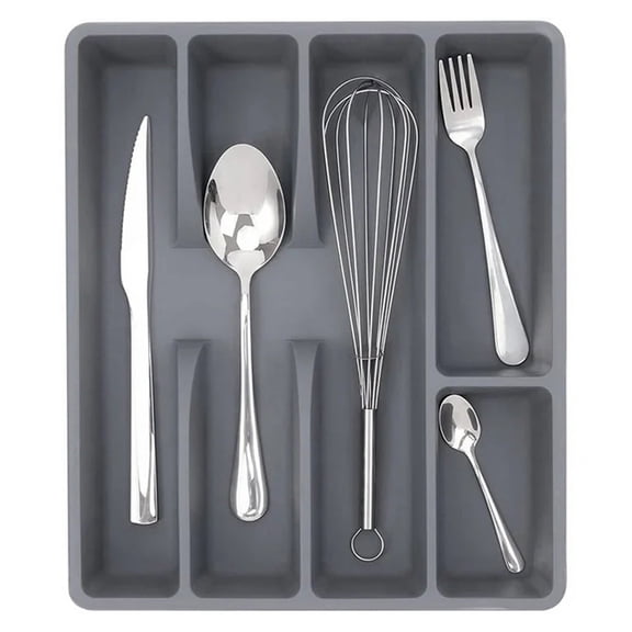 Adjustable Silverware Drawer Organizer Utensil Tray for Kitchen, BPA Free Flatware Cutlery Holder Storage for Spoons Forks Knives, 10x12 Inch Gray Tableware Organizer for Drawer Countertop