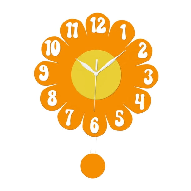 Reloj de pared floral acrílico con números arábigos, reloj colgante silencioso con péndulo para amarillo