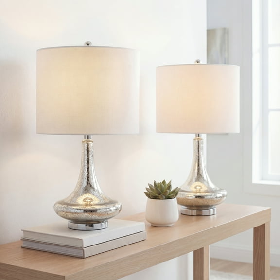 JONATHAN Y Cecile 25.5" Glass Teardrop LED Table Lamp, Mercury Silver/Chrome (Set of 2), JYL1081A-SET2