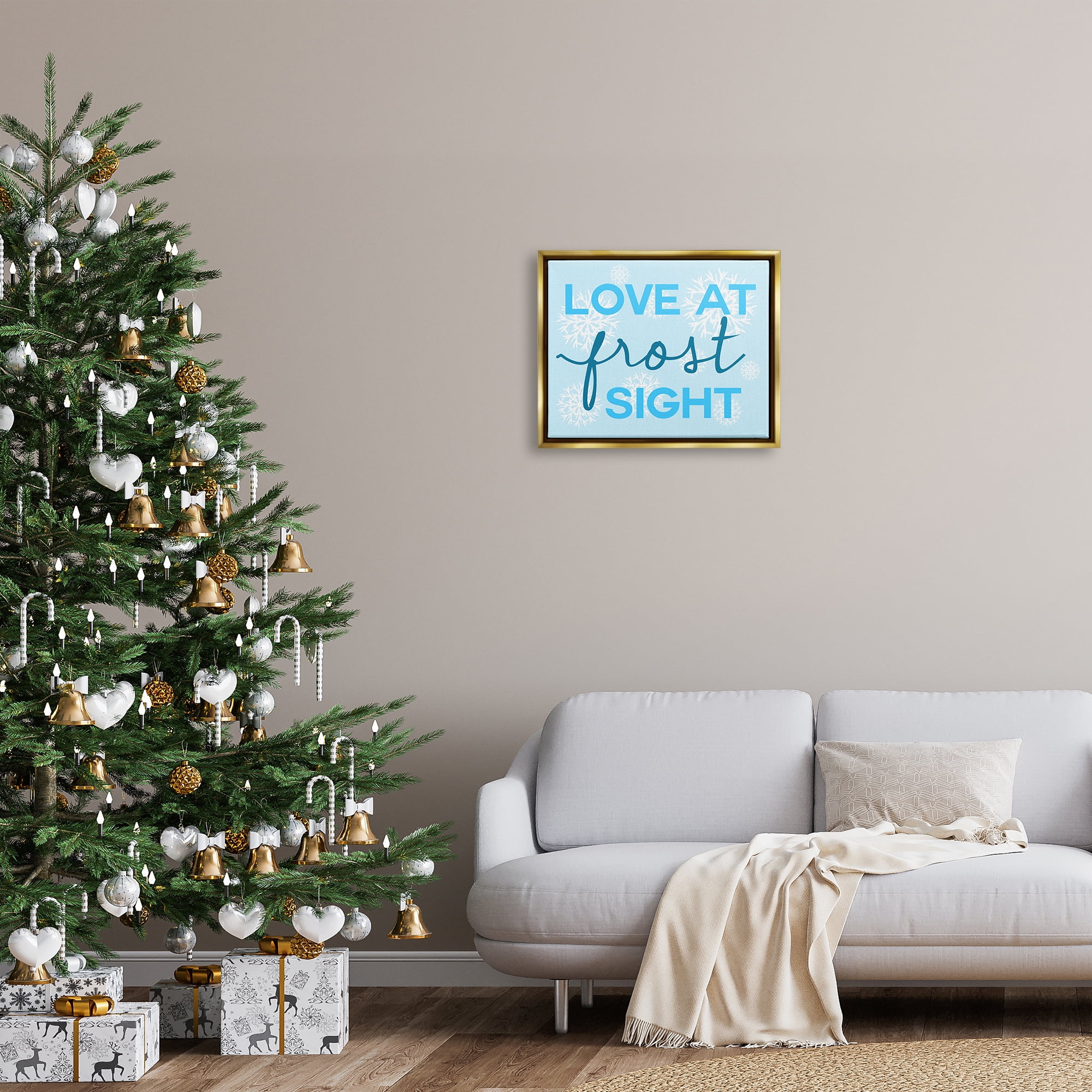 Stupell Industries Love at Frost Sight Pun Holiday Painting Gold Floater Framed Canvas Art Print Wall Art, 21 x 17