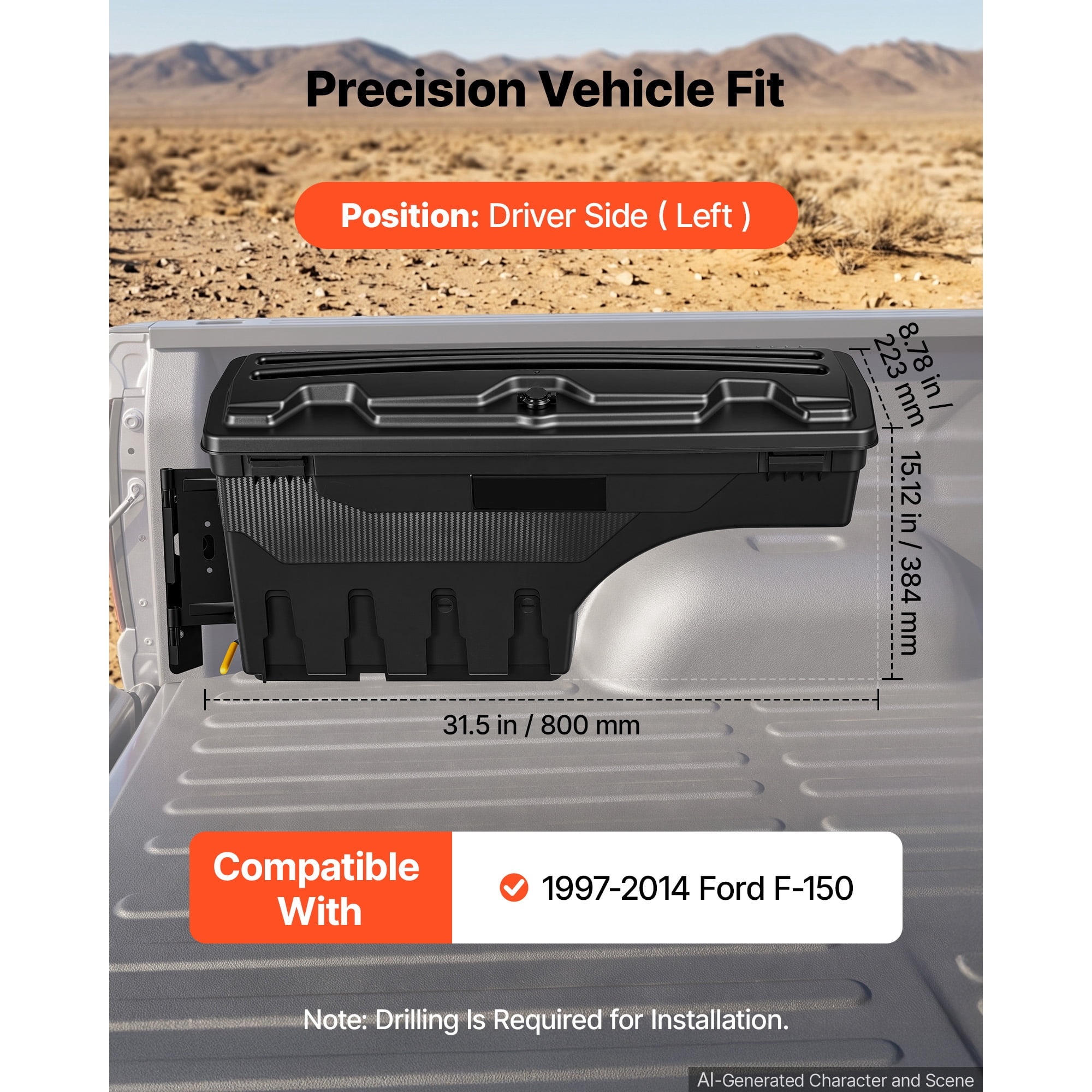 KFFKFF Truck Bed Storage Box, 6.6 Gal/25 L Waterproof ABS Wheel Well Tool Box with Combination Lock, Fits 1997-2014 Ford F-150, Driver Side Left (Drilling Required)