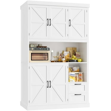 Hiphuta 76"Tall Farmhouse Kitchen Pantry Storage Cabinet, Modern Freestanding Pantry Cabinet with Microwave Stand,Large Coffee Hutch for Dining Room, White