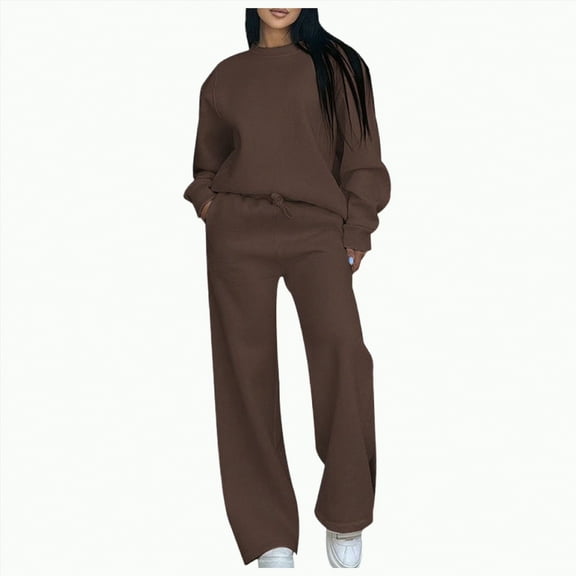 Towmus Two Piece Lounge Sets for Women Fall Outfits Long Sleeve Tops Wide Leg Pants Matching Sets Vacation Travel Outfits, Coffee, 2XL