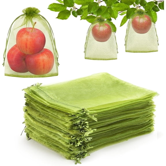 70pcs Fruit Protection Bags 6x9 inch, Green Netting Cover Bags Drawstring Mesh Fruit Protectors Pest Barrier for Tomato Mango Trees Veggies Garden