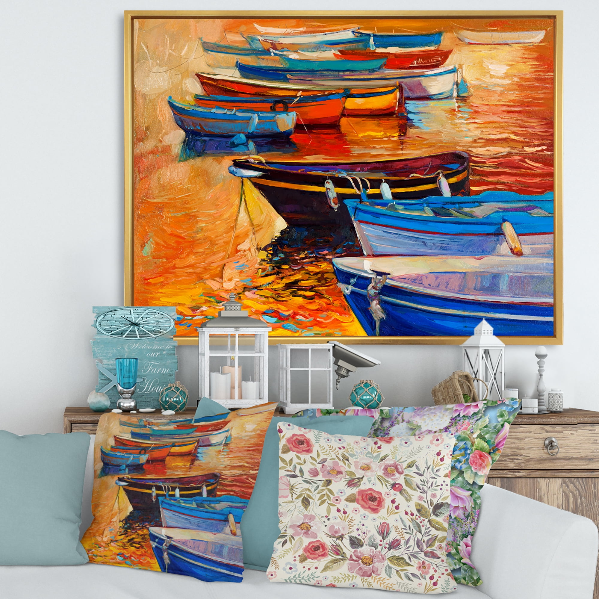 Designart 'Boats During Warm Colourd Sunset In The Harbor I' Nautical & Coastal Framed Canvas Wall Art Print