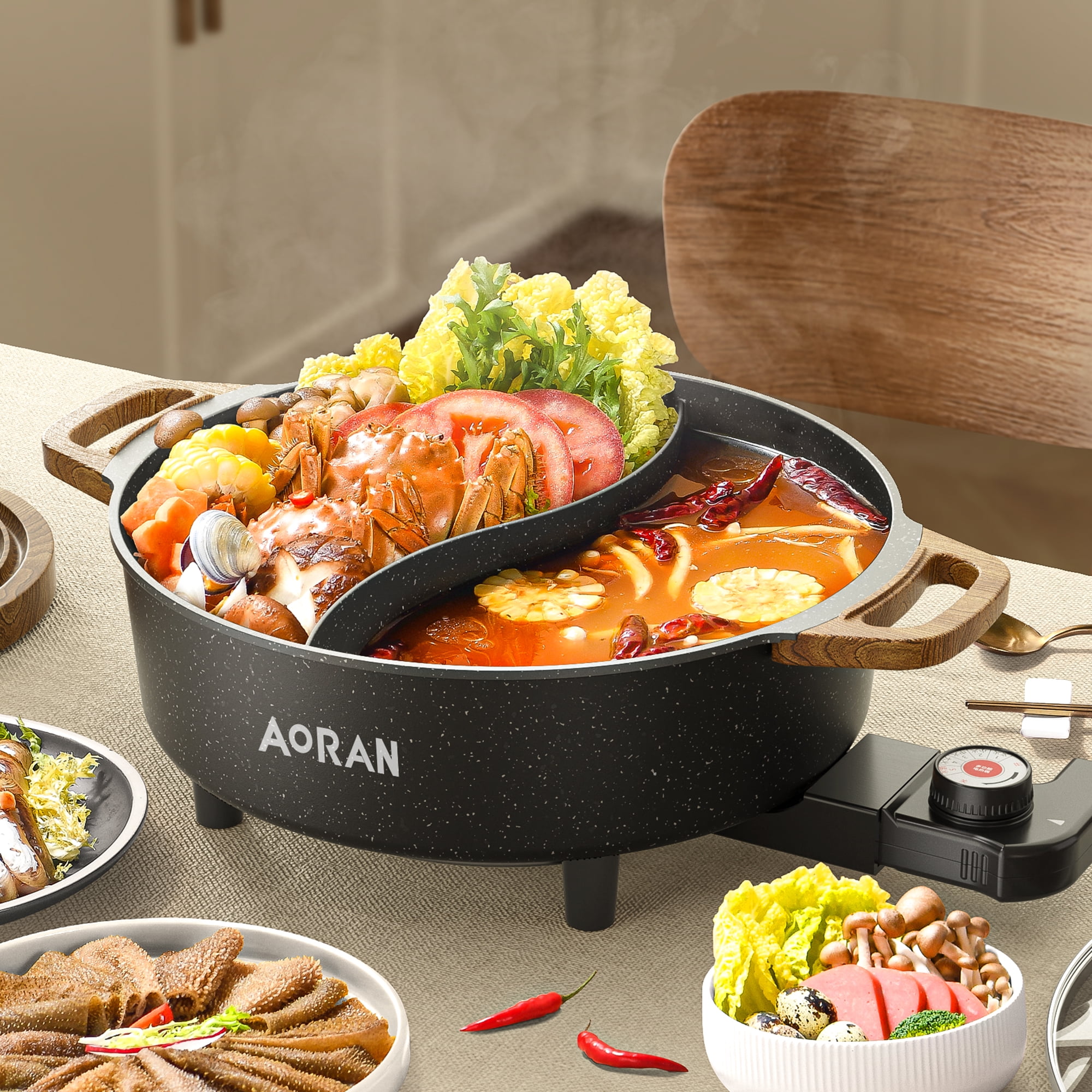 AORAN Electric Hot Pot with Divider, 6L Large Capacity Double-Flavor Non-stick Pot, Smokeless Cooking Pot with Temperature Control, Suitable for 2-8 People