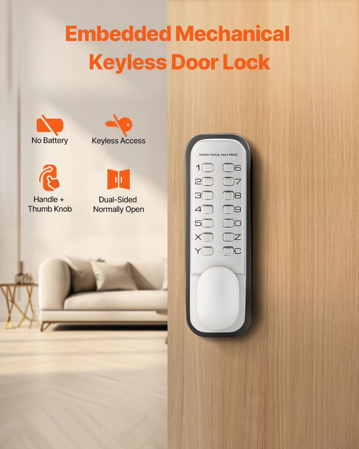 Mechanical Combination Door Lock, Keyless Entry with Adjustable Handles, Surface Mount 1.4-2.5 Inch Door Compatibility, Zinc Alloy, No Batteries for Gate Garden Garage