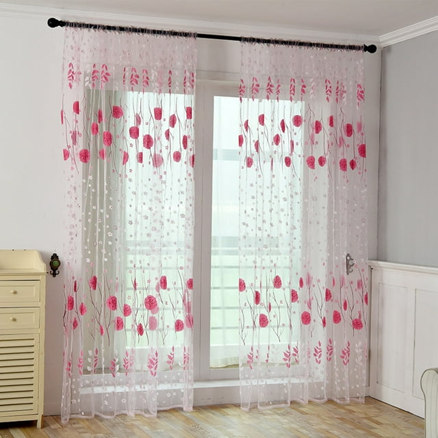 Home Textile Curtain Clearance 39‘’X78.7‘’ Window Screen Decoration Cluster Flower Tulle Curtain Tulle Tracery Voile Drape Drapery Polyester Fabric, Home Textile Curtain