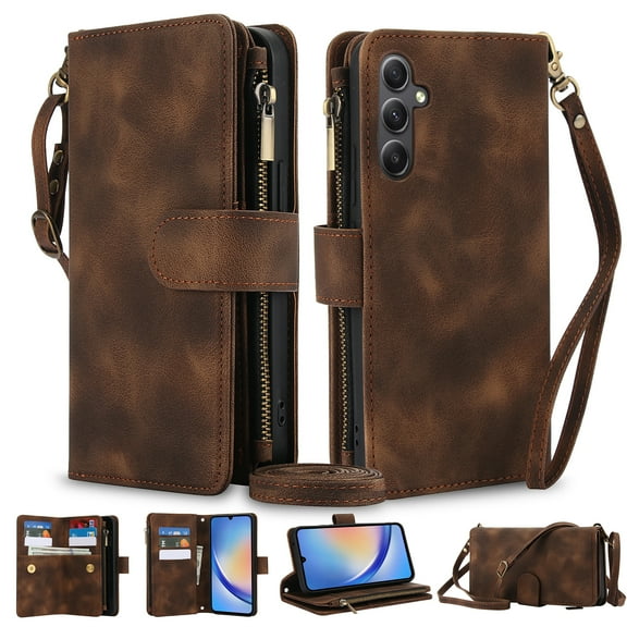 Crossbody Wallet Case for Samsung Galaxy S24, Premium PU Leather Phone Case with RFID Blocking Card Holder Zipper, Wrist Strap & Lanyard, Flip Stand Purse Cover for Samsung Galaxy S24, Brown