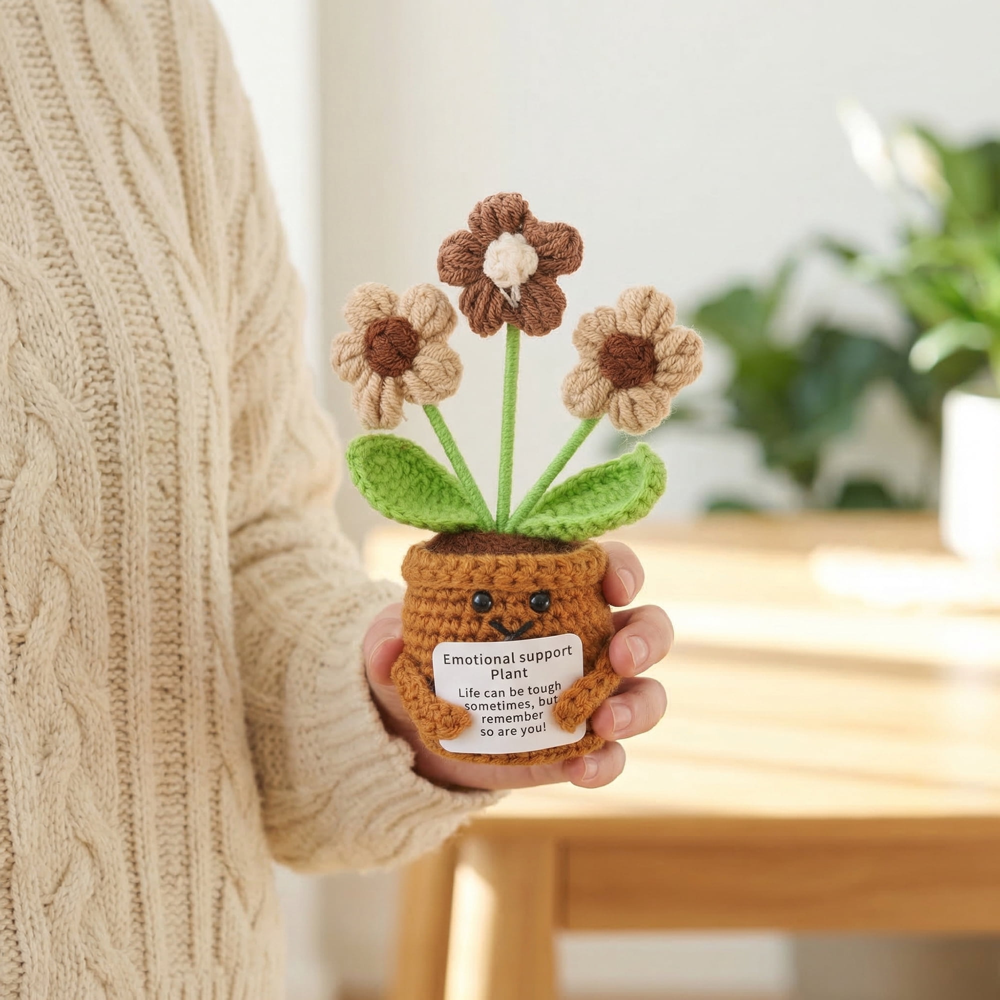 Unique Bargains Handmade Crochet Potted Knitted Plant Brown Flowers 4.3inch