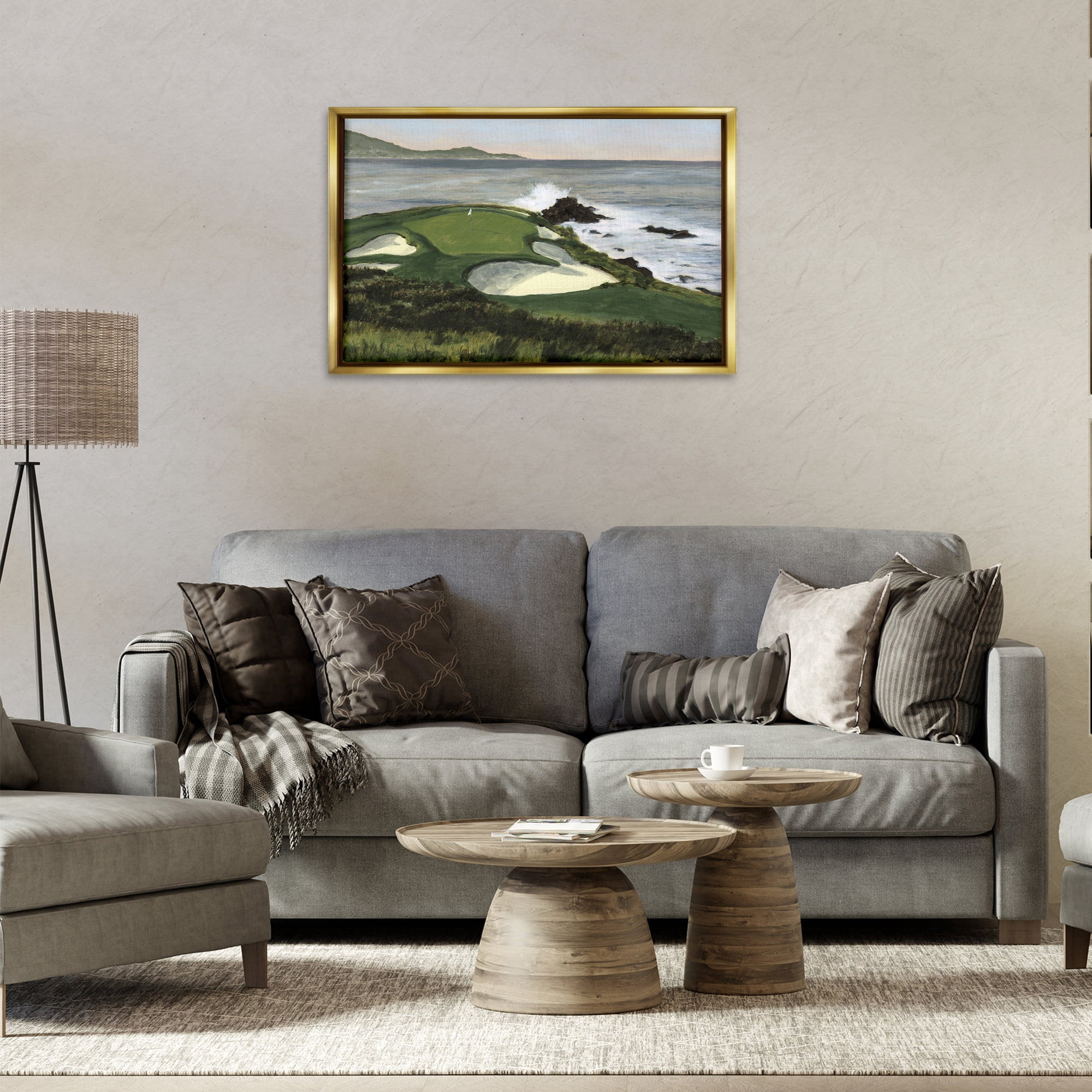 Stupell Industries Coastal Golf Course Landscape Painting Gold Floater Framed Art Print Wall Art, 31 x 21